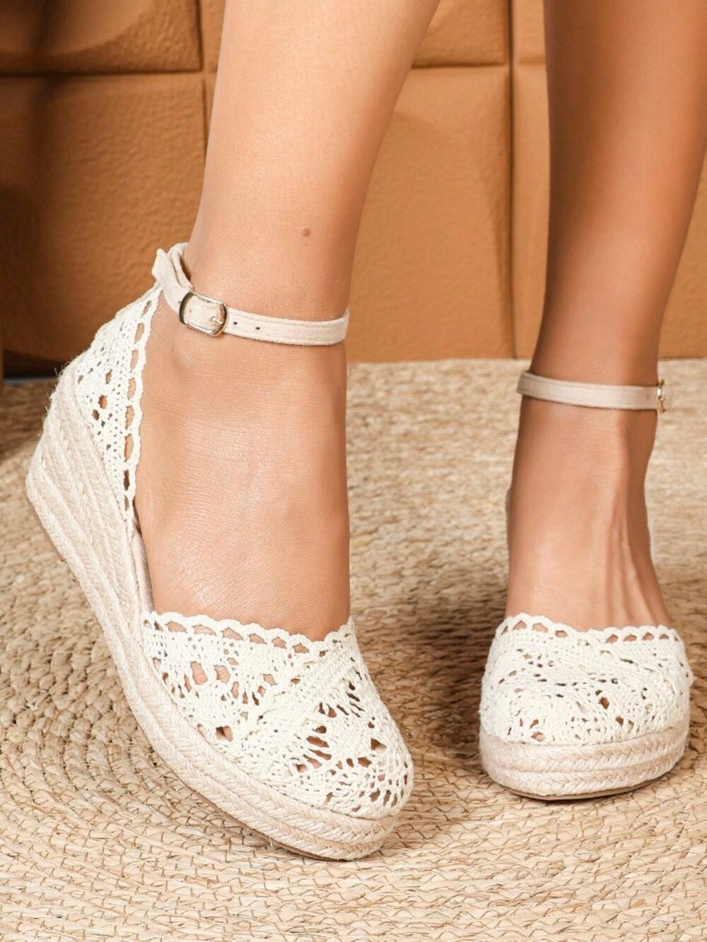 Apricot Bohemian Women's Lace Platform Ankle Strap Wedge Heels